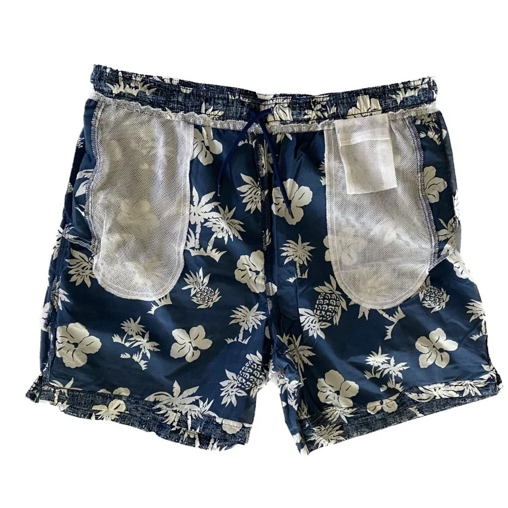 Vintage Cherokee Men’s Swim Shorts / Trunks Blue & White Hawaiian Print Size XL
